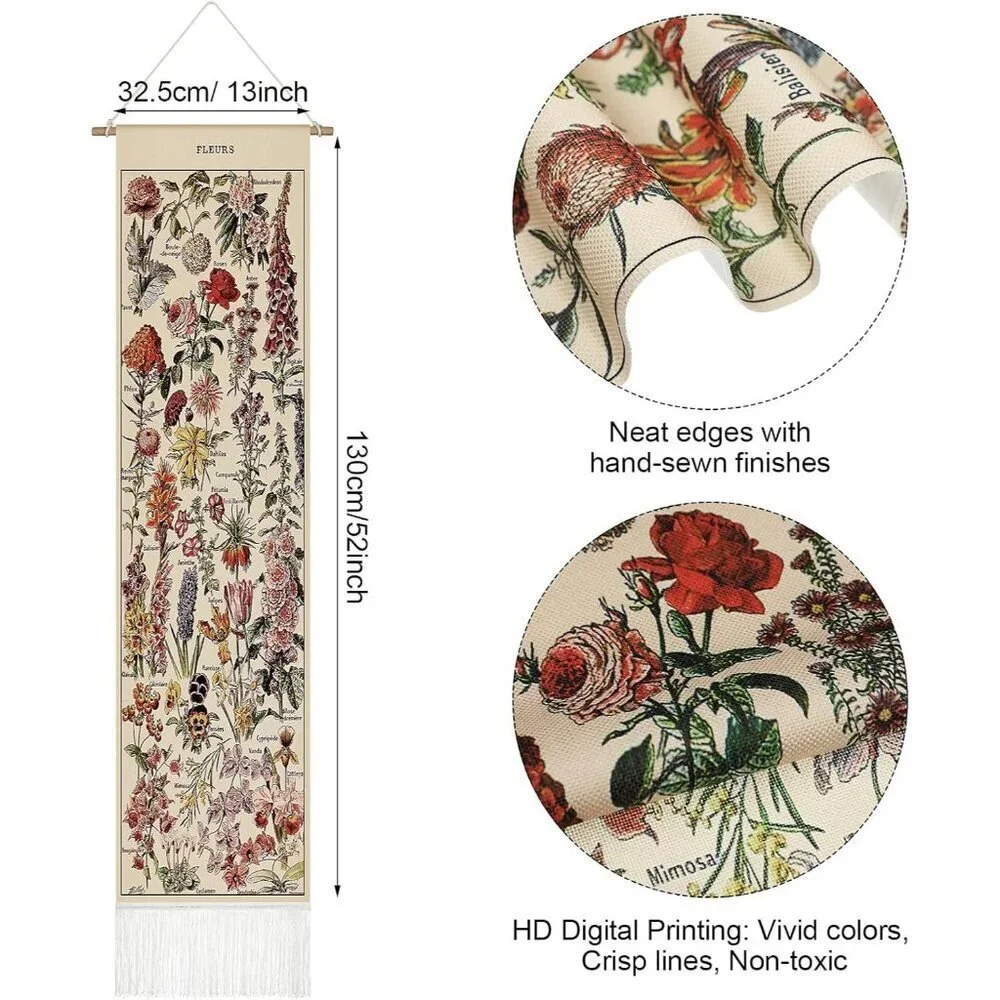 Vintage 52 X 13 Inch Long Vertical Wall Hanging Reference Botanical Tapestry